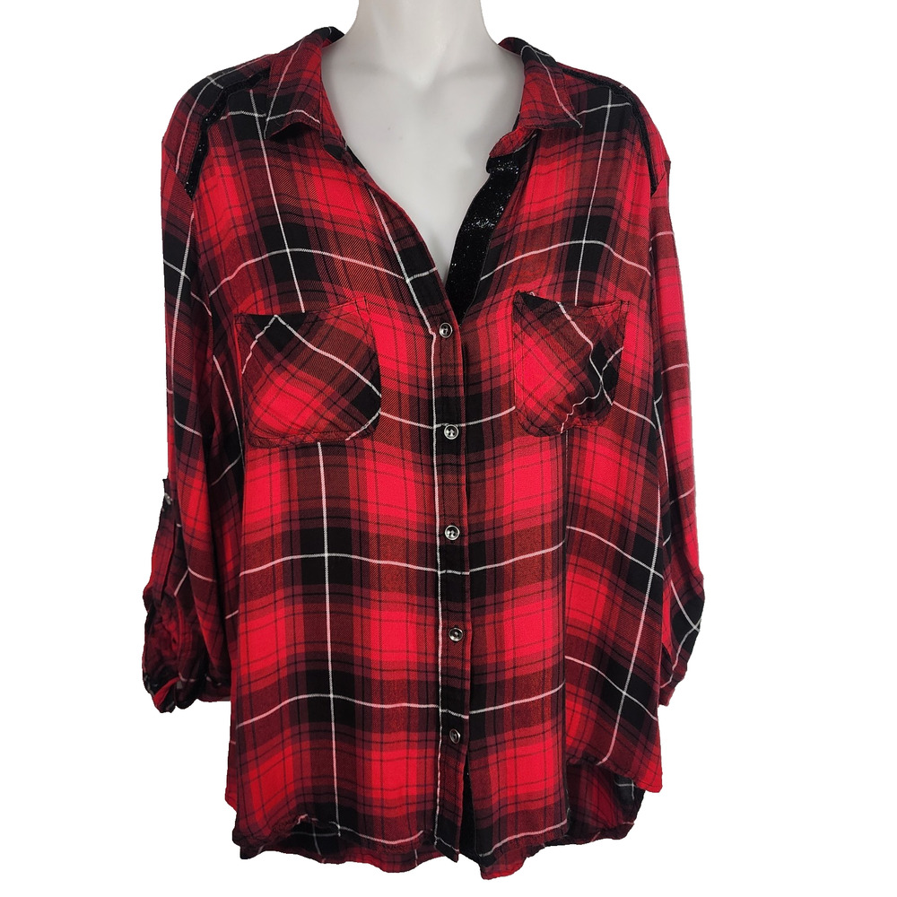 Rock & Republic Womens Shirt Flannel Red Black Button Hi Low Pockets Roll Tab XL